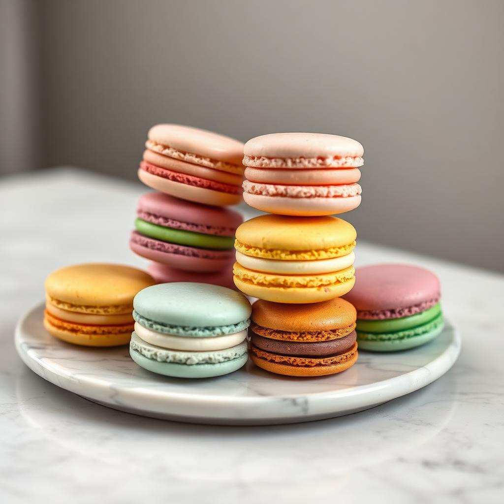 Macarons franceses coloridos em prato de mármore