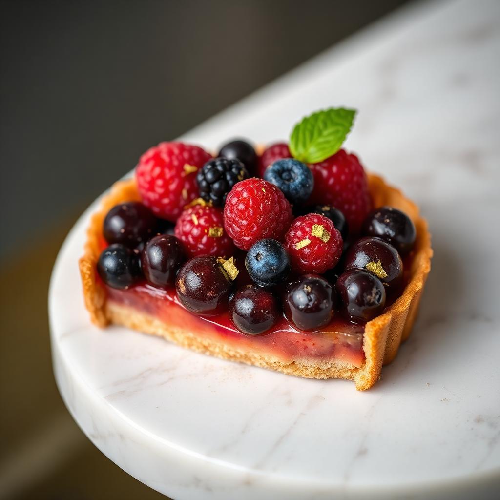 Torta de frutas vermelhas com folhas de ouro
